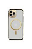 iPhone 13 Pro Magsafe Kablosuz Şarj Özellikli Kamera Korumalı Şeffaf Gold Altın Renkli Kılıf