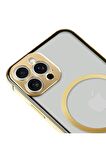 iPhone 13 Pro Magsafe Kablosuz Şarj Özellikli Kamera Korumalı Şeffaf Gold Altın Renkli Kılıf