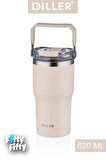 DILLER 620 ML Tek Kapak Çift Kullanım Pipetli/Pipetsiz Taşıma Kulplu Mug/Çelik Termos-FFDILLERD9168