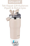 DILLER 620 ML Tek Kapak Çift Kullanım Pipetli/Pipetsiz Taşıma Kulplu Mug/Çelik Termos-FFDILLERD9168