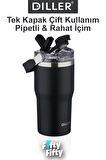 DILLER 620 ML Tek Kapak Çift Kullanım Pipetli/Pipetsiz Taşıma Kulplu Mug/Çelik Termos-FFDILLERD9168
