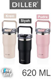DILLER 620 ML Tek Kapak Çift Kullanım Pipetli/Pipetsiz Taşıma Kulplu Mug/Çelik Termos-FFDILLERD9168