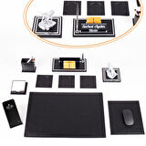 Opta 10 Parça Kurt Biblolu Siyah Deri Sümen Seti Takımı Gümüş Kalem Ofis Masa İsimliği Lüks İsimlik