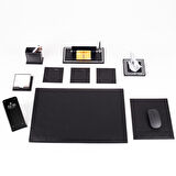 Opta 10 Parça Kurt Biblolu Siyah Deri Sümen Seti Takımı Gümüş Kalem Ofis Masa İsimliği Lüks İsimlik