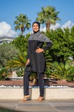 Kadın Crop Üst Rahat Kesim Lycra(Su İten Kumaş) Siyah Desenli Tesettür Mayo Takımı