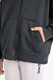 Kız Çocuk Kapüşonlu Basic Düz Cepli Fermuarlı Sweatshirt