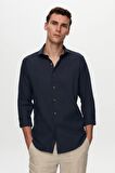 Ds Damat Slim Fit Lacivert İtalyan Yaka Kahverengi Düğmeli Gömlek 2HF02ORT3185