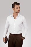 Beyaz Kahve Düğmeli Slimfit Gömlek