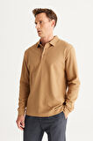 Erkek Camel Slim Fit Dar Kesim Polo Yaka %100 Pamuk Petekli Tişört