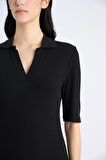 Bodycon Vücudu Saran Polo Yaka Fitilli Kaşkorse Kısa Kollu Midi Elbise