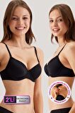 2'li Ekonomik Paket Siyah 6805 Adria Balenli Push Up Dolgulu Micro Sütyen Set - C Cup Seçenegiyle