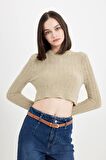 DeFacto Regular Fit Crop Bisiklet Yaka Örgü Delikli Triko Kazak C6321AX24WNGN270