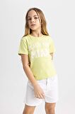 DeFacto Kız Çocuk Slim Fit Dar Kesim Bisiklet Yaka Baskılı Fitilli Kaşkorse Kısa Kollu Tişört B5102A824SMGN664