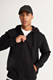 Erkek Siyah Standart Fit Normal Kesim Içi Polarlı 3 Iplik Kapüşonlu Fermuarlı Sweatshirt Ceket