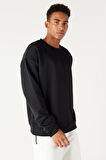 Erkek Siyah Oversize Bol Kesim Bisiklet Yaka Düz Sweatshirt