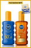 SUN SPF50 Güneş Koruyucu Sprey 200ml ve Karoten Özü Bronzlaştırıcı Yağ Spreyi 200ml, Çanta Hediyeli