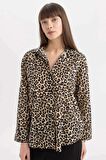 DeFacto Oversize Geniş Kalıp Uzun Kollu Leopar Desenli Vual Gömlek D2564AX24SMBG234