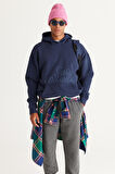 Erkek Indigo Oversize Fit Bol Kesim Kapüşonlu Içi Polarlı 3 Iplik Baskılı Sweatshirt