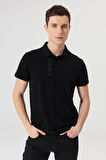 Erkek Siyah Slim Fit Dar Kesim Polo Yaka %100 Pamuk Kısa Kollu Baskılı Tişört