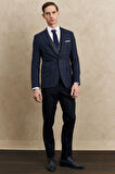 Erkek Lacivert Slim Fit Dar Kesim Mono Yaka Desenli Yelekli Takım Elbise