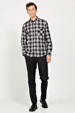 Erkek Siyah-Kahverengi Slim Fit Dar Kesim Düğmeli Yaka Pamuklu Gömlek