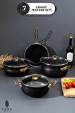 7 Parça Siyah Granit Gold Kulp Tencere Seti – Gold Metal Kulplu, 24 cm