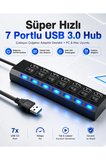 Süper Hızlı 7 Portlu USB 3.0 Hub Çoklayıcı Çoğaltıcı Adaptör Destekli PC Mac Uyumlu Işıklı On Off Bağımsız Anahtarlı Yüksek Hızlı Veri Aktarımı Sağlayan Siyah Dağıtıcı Switch Bağlantı Kablolu