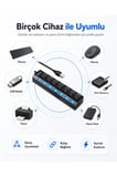 Süper Hızlı 7 Portlu USB 3.0 Hub Çoklayıcı Çoğaltıcı Adaptör Destekli PC Mac Uyumlu Işıklı On Off Bağımsız Anahtarlı Yüksek Hızlı Veri Aktarımı Sağlayan Siyah Dağıtıcı Switch Bağlantı Kablolu
