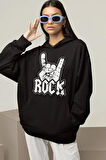 Rock El İşareti Baskılı Unisex Oversize Hoodie