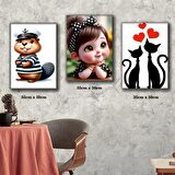 sincap kedi küçük kız çocuk odası için tablosu 3 adet 35cmx50cm kumaş baskılı canvas tablo