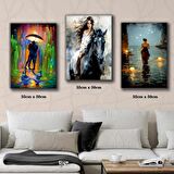 yağmur sevgili aşık çift at üzerinde kadın tablosu 3 adet 35cmx50cm kumaş baskılı canvas tablo