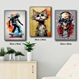 dj iskelet kaykaylı çocuk şaşkın kedi tablosu 3 adet 35cmx50cm kumaş baskılı canvas tablo