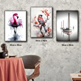 pembe kuğu daldaki kuş denizdeki tekne tablosu 3 adet 35cmx50cm kumaş baskılı canvas tablo