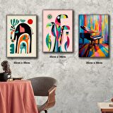 Çok renkli fil ve yavruları renkli piyano tablosu 3 adet 35cmx50cm kumaş baskılı canvas tablo