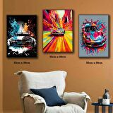 spor yarış arabaları çok renkli efect tablosu 3 adet 35cmx50cm kumaş baskılı canvas tablo