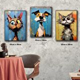 şaşkın kedi köpek boya efectli tablo 3 adet 35cmx50cm kumaş baskılı canvas tablo