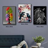 zebra dalda 2 kuş renkli çiçek tablosu 3 adet 35cmx50cm kumaş baskılı canvas tablo