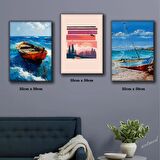 doğa tabelası deniz manzara guaj boya efectli tekne tablosu 3 adet 35cmx50cm kumaş baskılı canvas tablo
