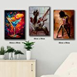 kokteyli kadın resimleri tablosu 3 adet 35cmx50cm kumaş baskılı canvas tablo