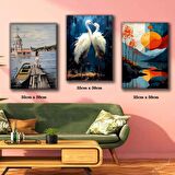 kız kulesi kadın kuğu doğa manzara resimleri 3 adet 35cmx50cm kumaş baskılı canvas tablo