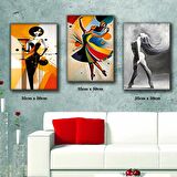 dans eden uzun saçlı kadın tablosu 3 adet 35cmx50cm kumaş baskılı canvas tablo