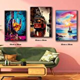 tranvay kadeh şarap denizdeki yelkenli 3 adet 35cmx50cm kumaş baskılı canvas tablo