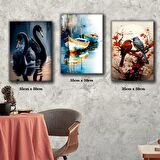 siyah kuğu göl kayık daldaki kuş tablosu 3 adet 35cmx50cm kumaş baskılı canvas tablo