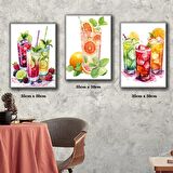 kokteyl içicekler soğuk meyve suları tablosu 3 adet 35cmx50cm kumaş baskılı canvas tablo