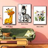 sevimli hayvanlar zebra tavşan kedi zürafa çocuk odası tablosu 3 adet 35cmx50cm kumaş baskılı canvas tablo