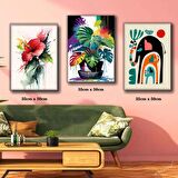 İLLÜSTRASYON fil ve yavruları renkli saksı çiçek tablosu 3 adet 35cmx50cm kumaş baskılı canvas tablo