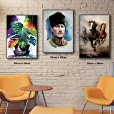 3 yarışan at renkli saksılı çiçek ve atatürk tablosu 3 adet 35cmx50cm kumaş baskılı canvas tablo