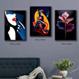 sanatsal çiçek ve kadın tablosu 3 adet 35cmx50cm kumaş baskılı canvas tablo