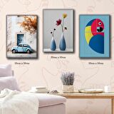 saksı renkli papağan bodrum sokakları saksı çiçek tablosu 3 adet 35cmx50cm kumaş baskılı canvas tablo