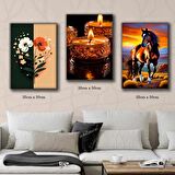 çiçek renkli at mum tablosu 3 adet 35cmx50cm kumaş baskılı canvas tablo